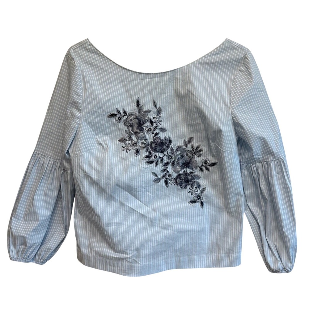 WHMB Coastal Blouse‎ Womens 4 Blue Striped Floral Embroidered Puff Sleeve Poplin